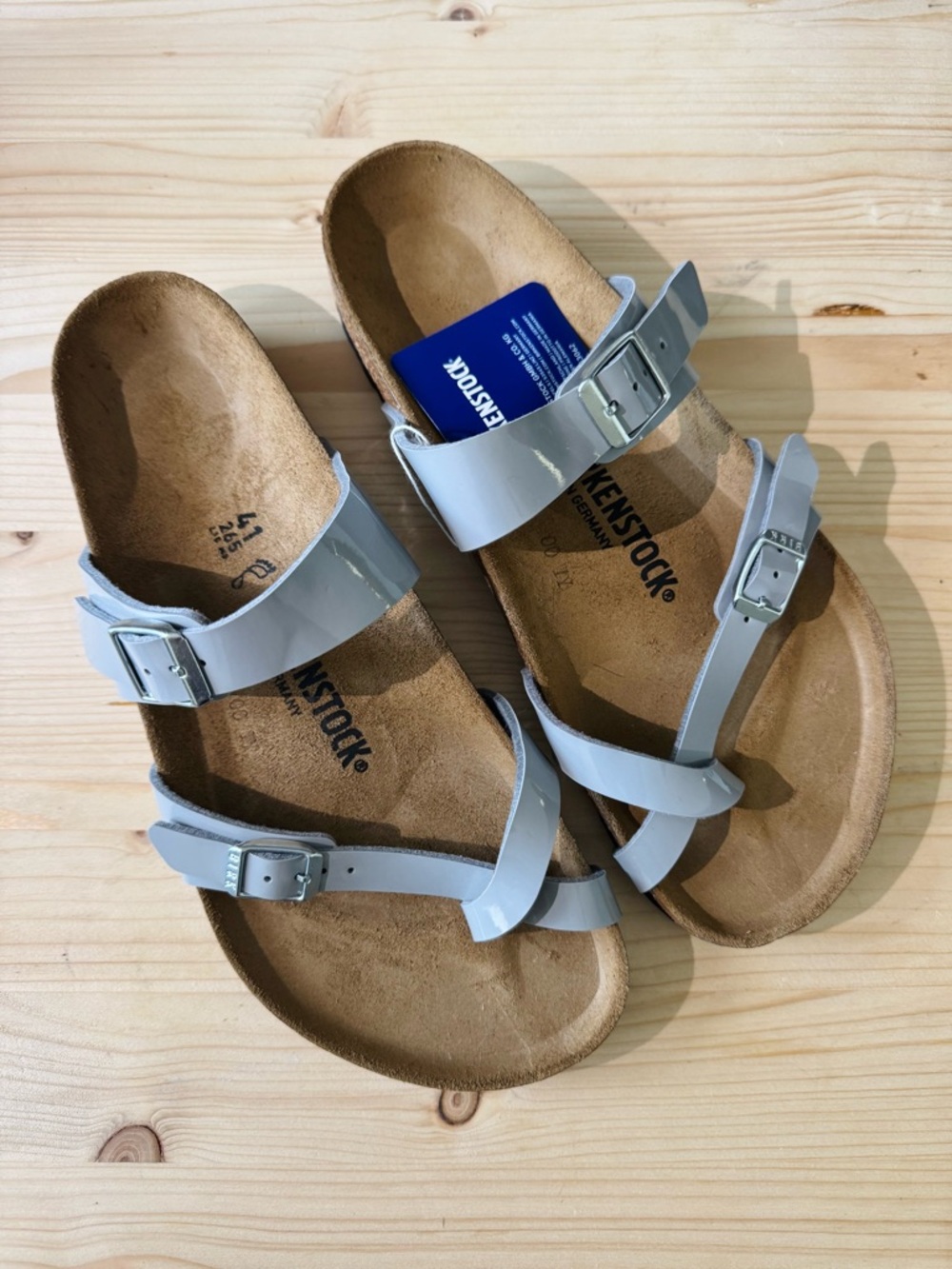 Birkenstock Light Gray Patent Leather Two-Strap Sandals